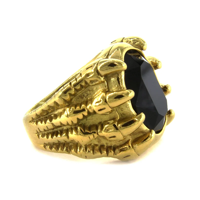 Anillo Acero Dorado Hombre Garra Dragón Zirconia Negra
