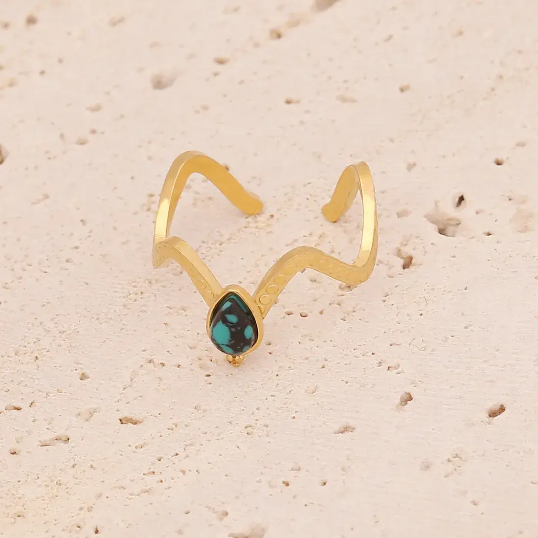 Anillo Acero Inox Dorado Ajustable Slim Zig Zag Turquesa