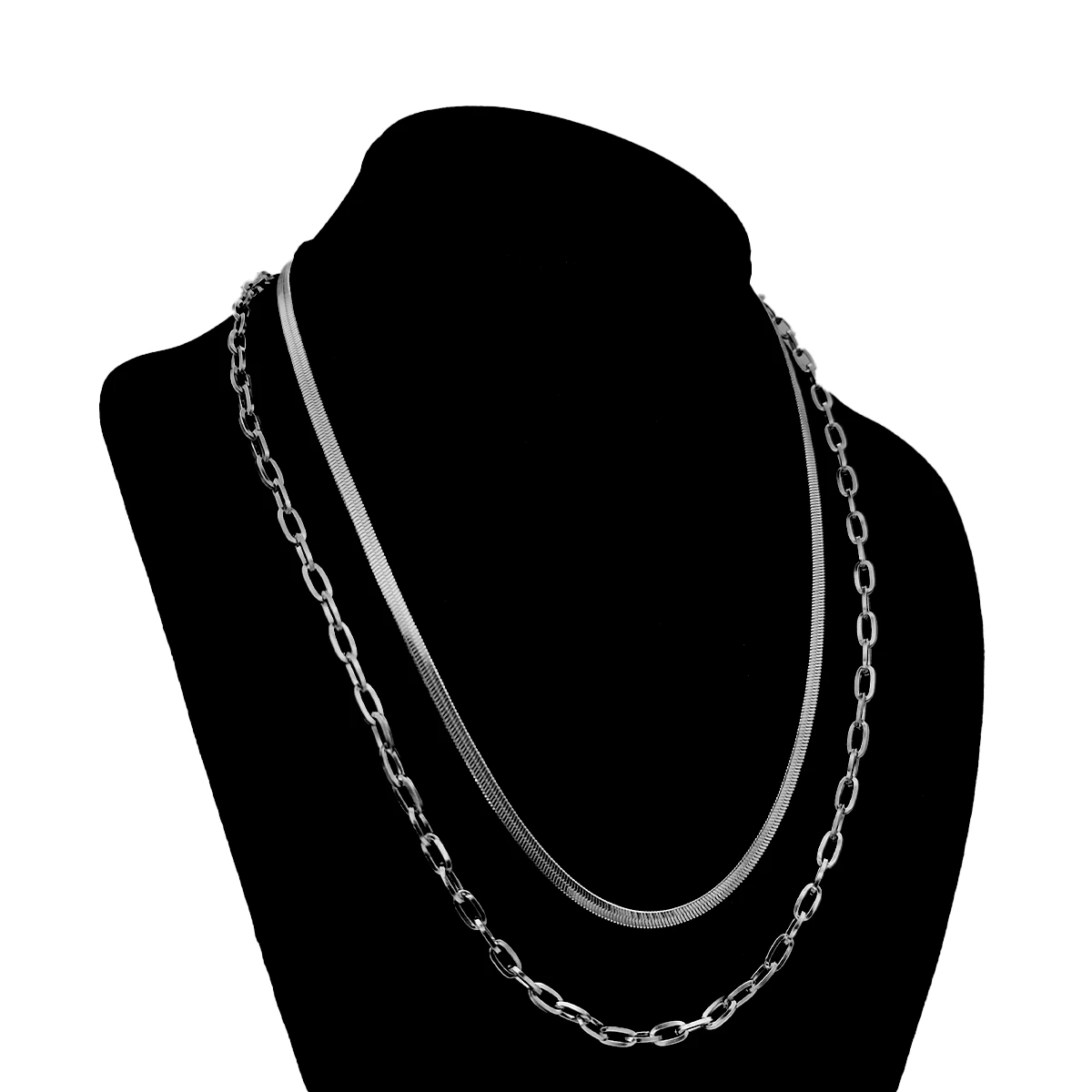 Collar Acero Plateado Doble Cadena Oval y Planchada