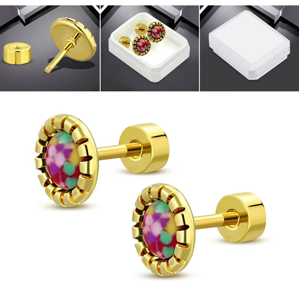 Aretes Acero Dorado Manchas Arcoiris Broche Plano