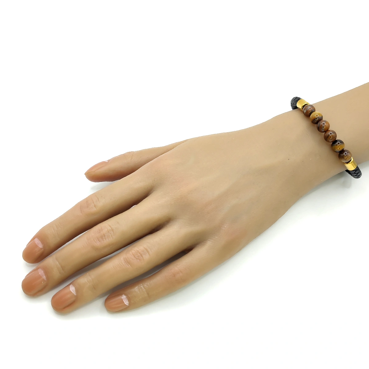 Pulsera Acero Dorado Piel Cuentas Ojo de Tigre Iman
