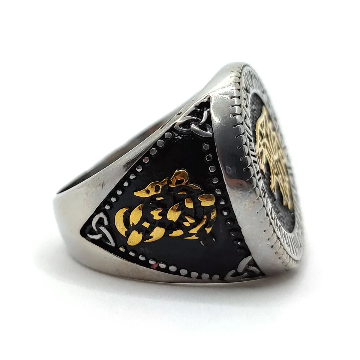 Anillo Acero Inox Bicolor Lobo Vegvisir Runas Vikingas
