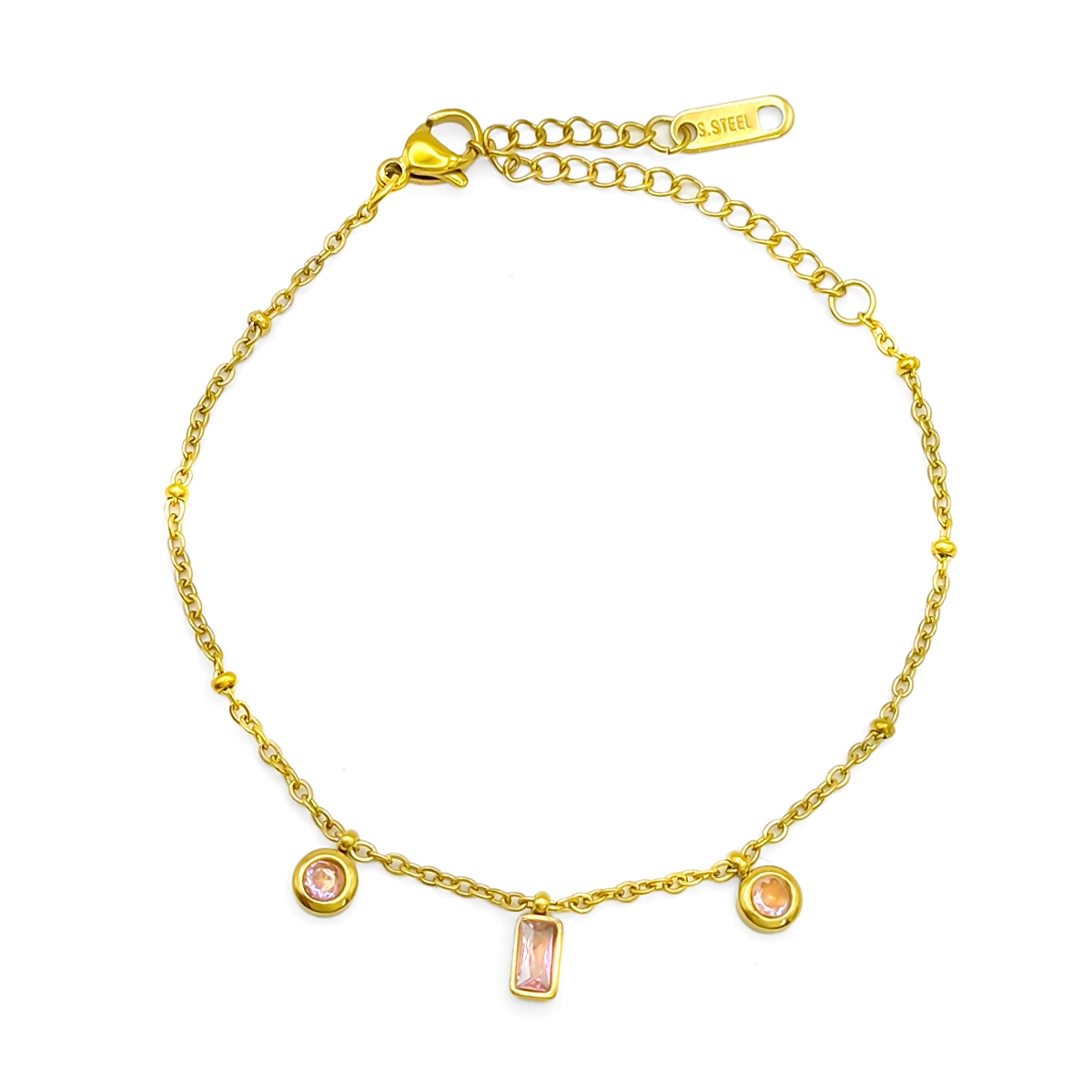 Pulsera Acero Dorado Delgada Cristales Rosas Mini Balines