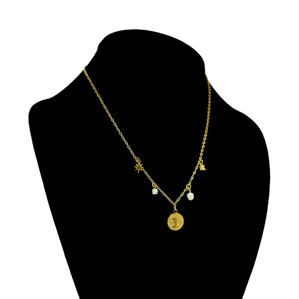 Collar Acero Inox Dorado Medalla Virgen Perla de Rio