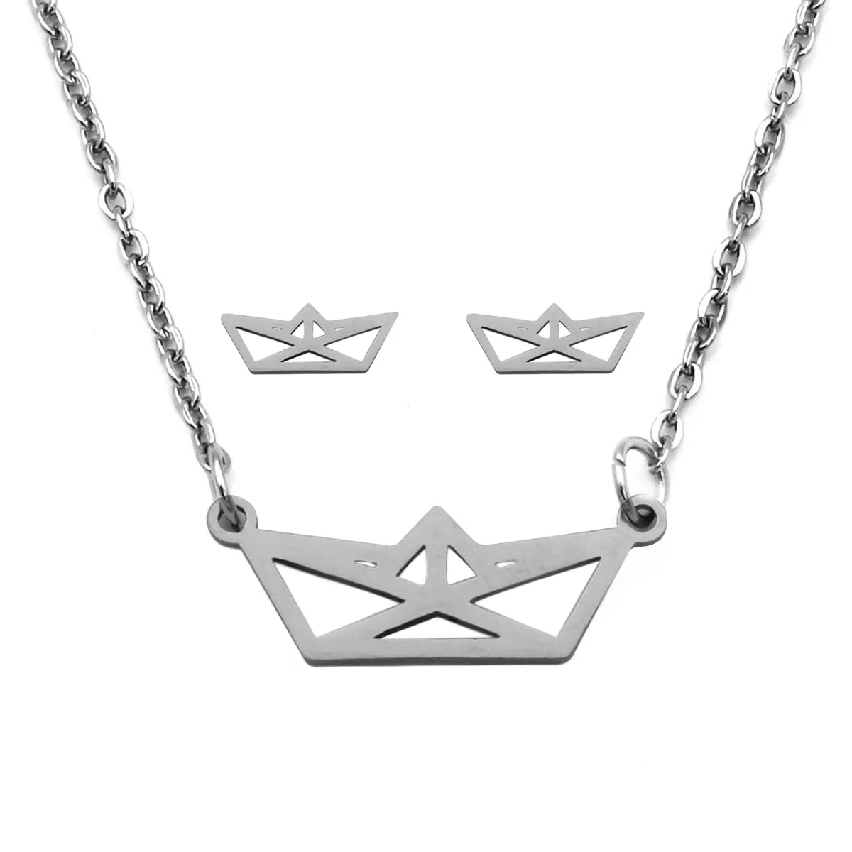 Set Joyeria Acero Plateado Barco Barquito Papel Silueta