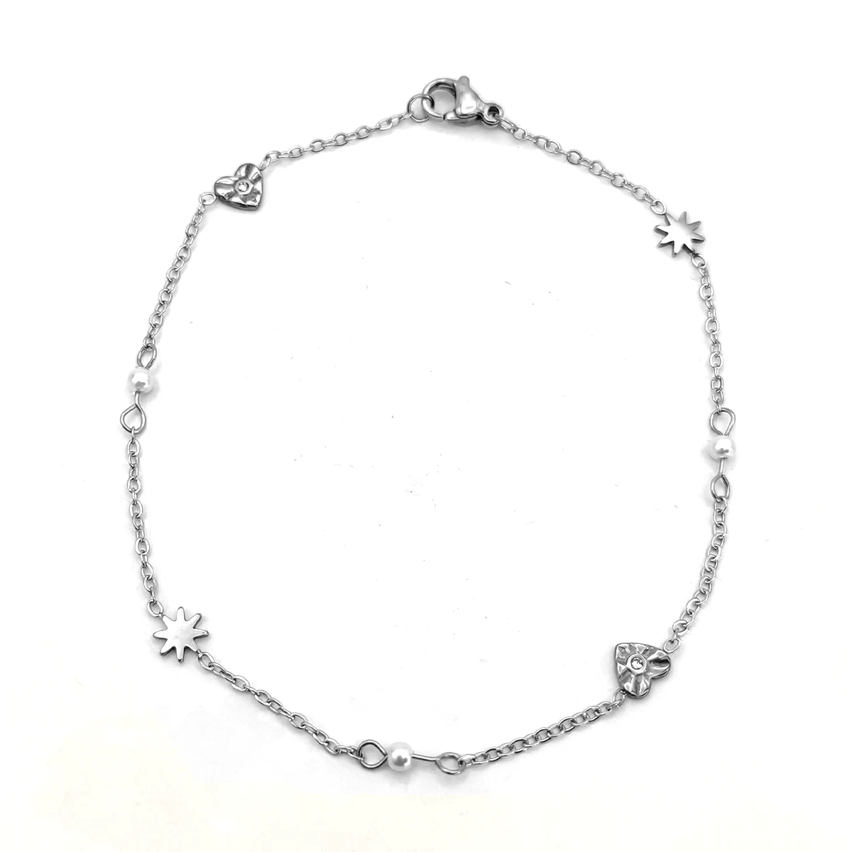 Tobillera Acero Plateado Corazón Cristal Estrellas Perlas