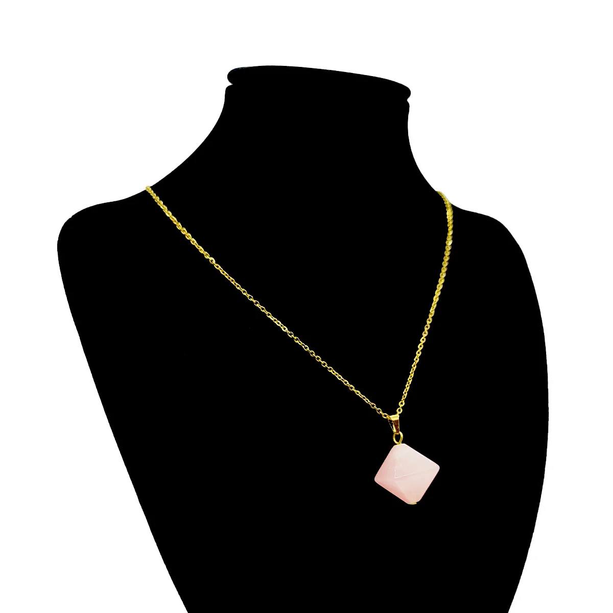 Collar Acero Inox Dorado Cuarzo Rosado Amor Forma Rombo