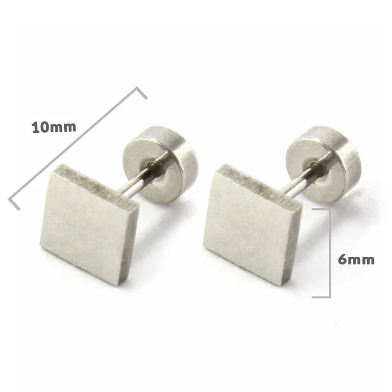Aretes Tipo Broquel Dormilon Acero Plateado Cuadrado Liso