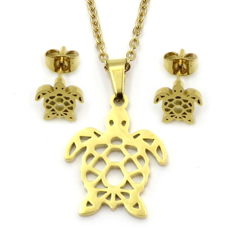 Set Joyeria Acero Dorado Cadena Aretes Dije Tortuga