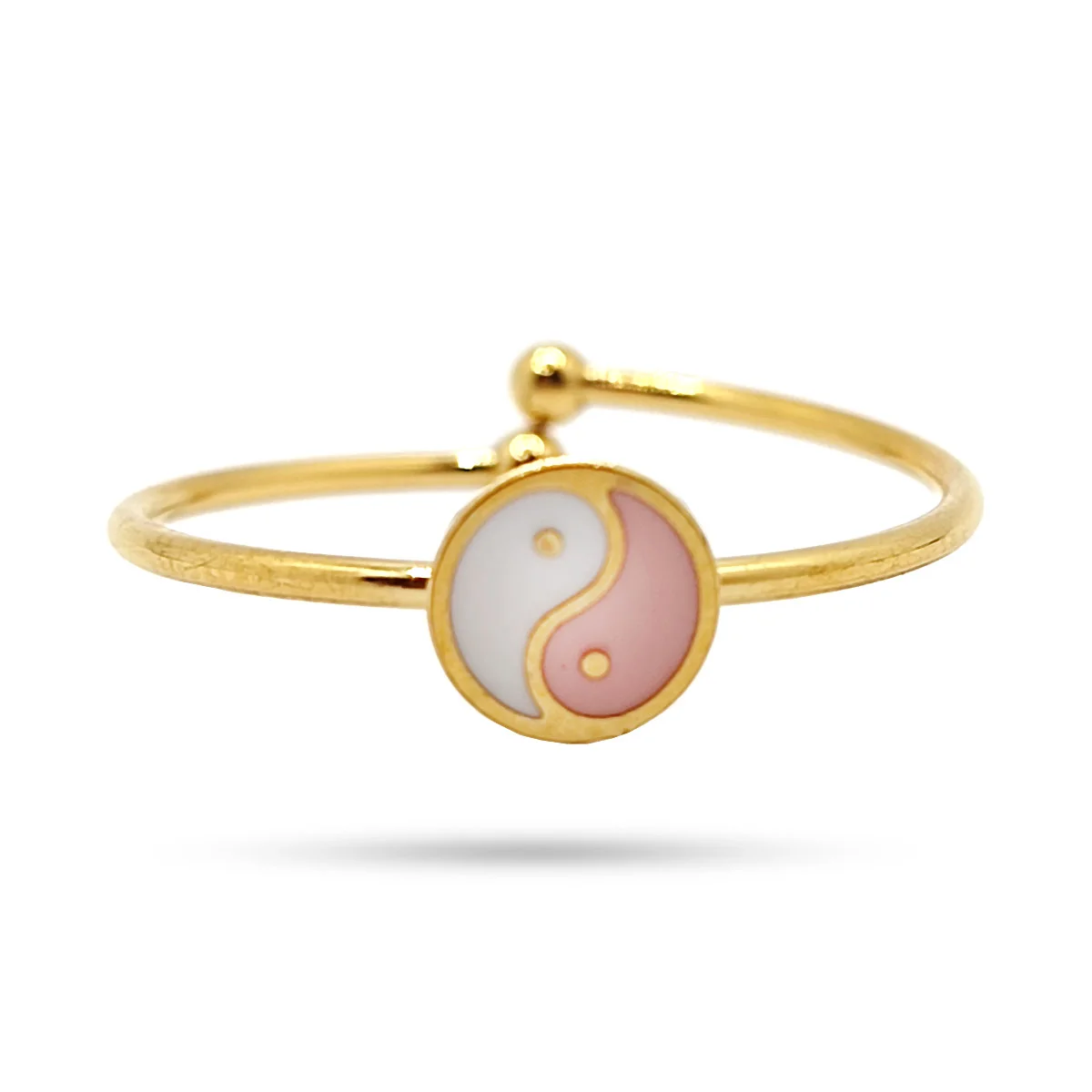 Anillo Acero Dorado Slim Delgado Yin Yang Rosa Ajustable