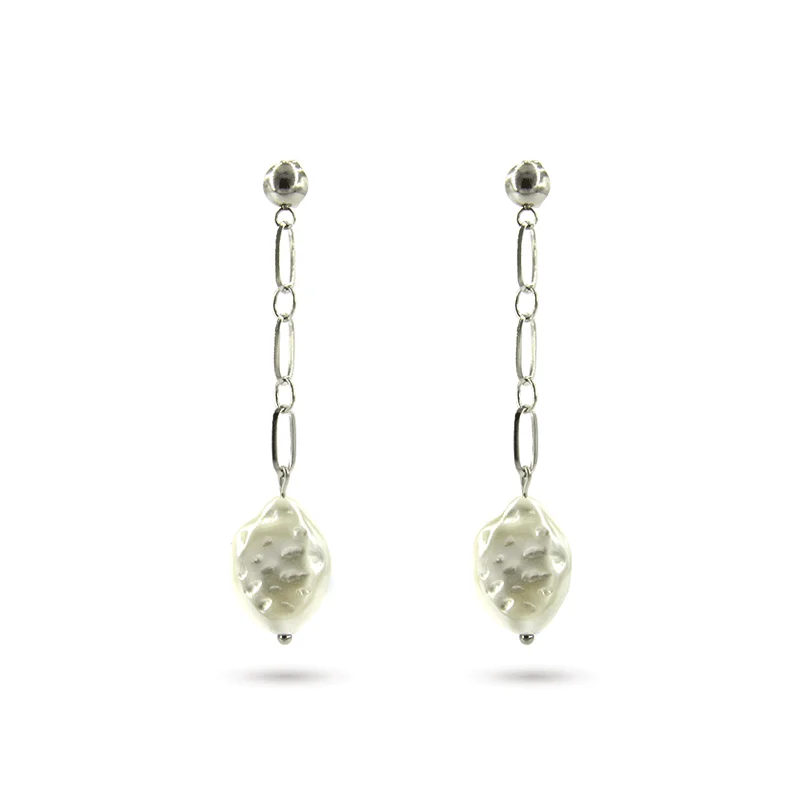 Aretes Acero Inox Plateado Largos Cadena Perla Imitacion