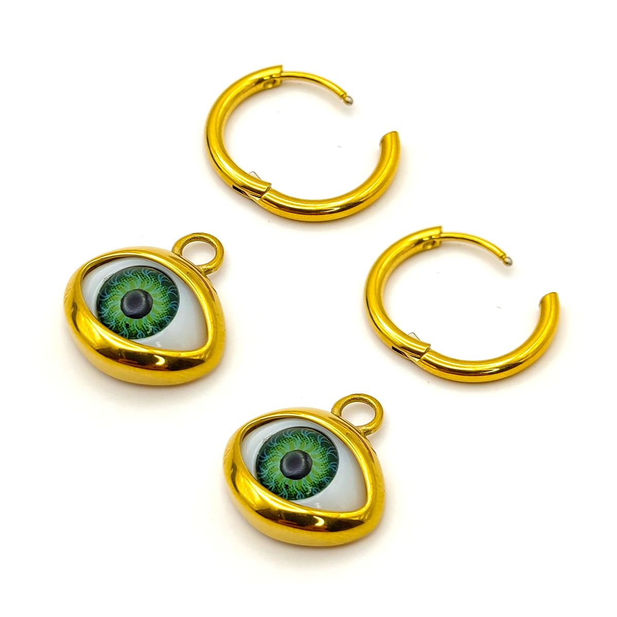 Aretes Acero Dorado Huggies Colgante Ojo Realista Verde