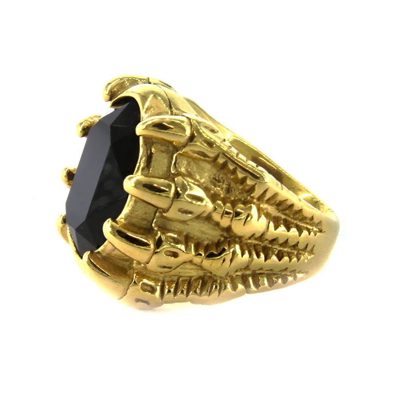 Anillo Acero Dorado Hombre Garra Dragón Zirconia Negra