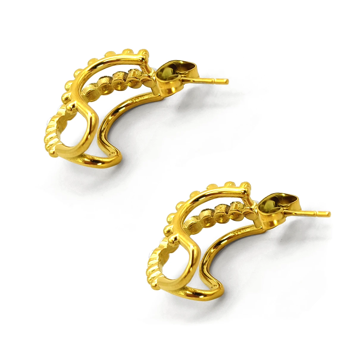 Aretes Acero Dorado Media Arracada Triple Fila Perlas