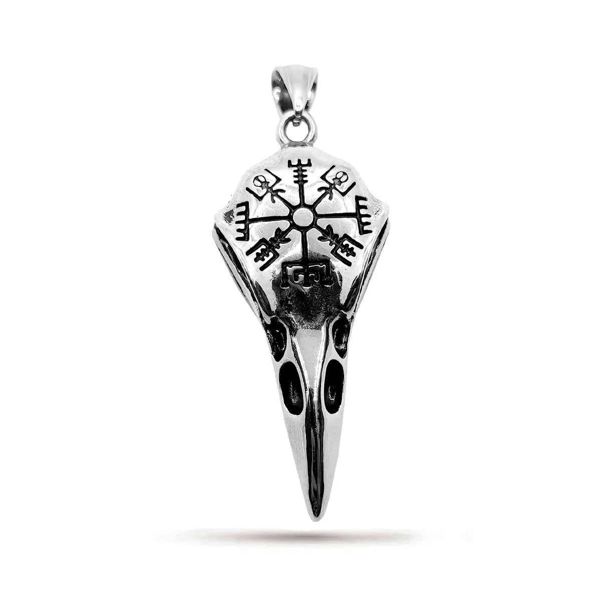 Dije Acero Inox Plateado Cabeza Cuervo Runas Nordicas