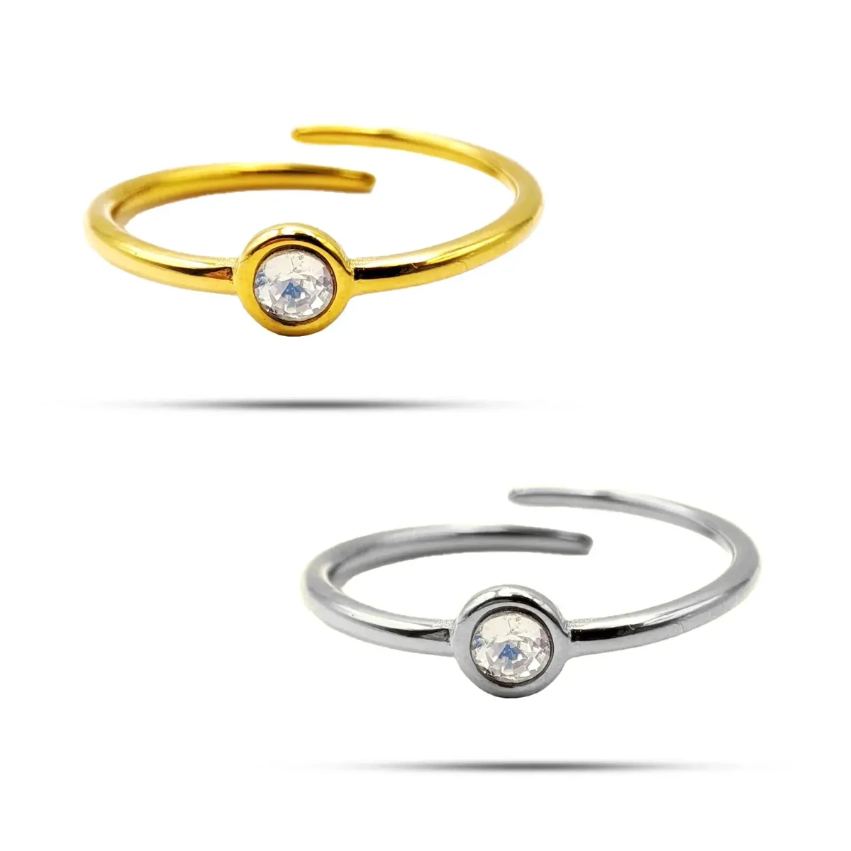 Anillo Acero Delgado Sencillo Cristal Redondo Tornasol