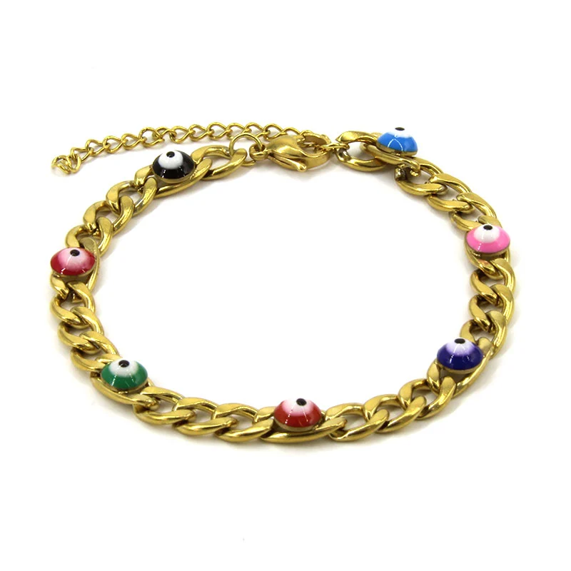Pulsera Acero Inox Dorado Eslabon 3en1 Ojos Turcos