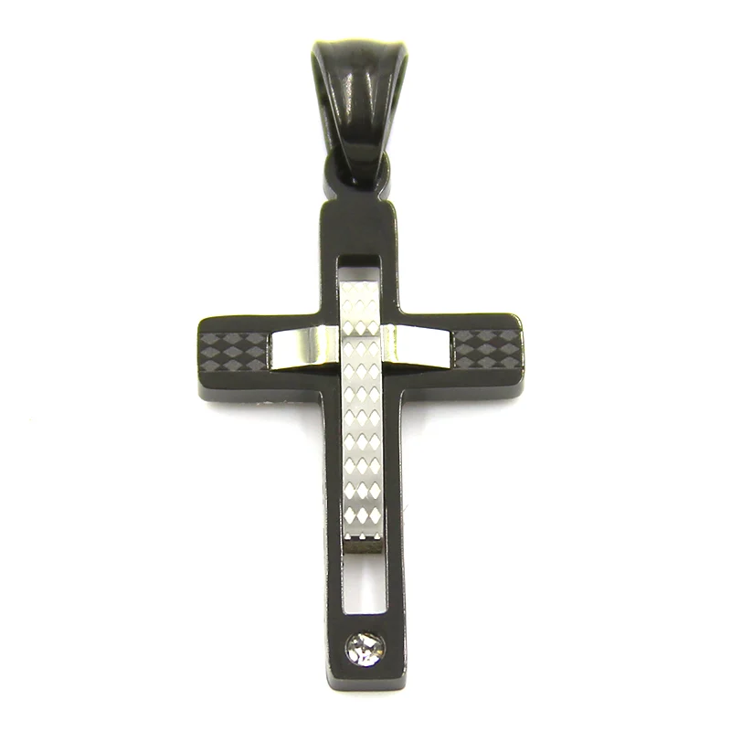 Dije Acero Negro Cruz Grabada c/ Zirconia
