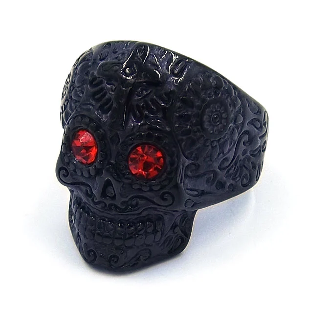 Anillo Acero Negro Calavera Catrina Ojos de Ruby