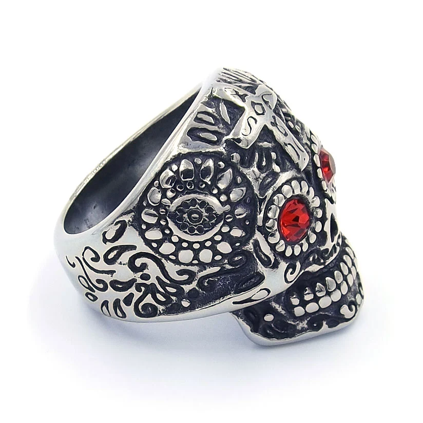 Anillo Acero Plateado Calavera Catrina Ojos de Ruby