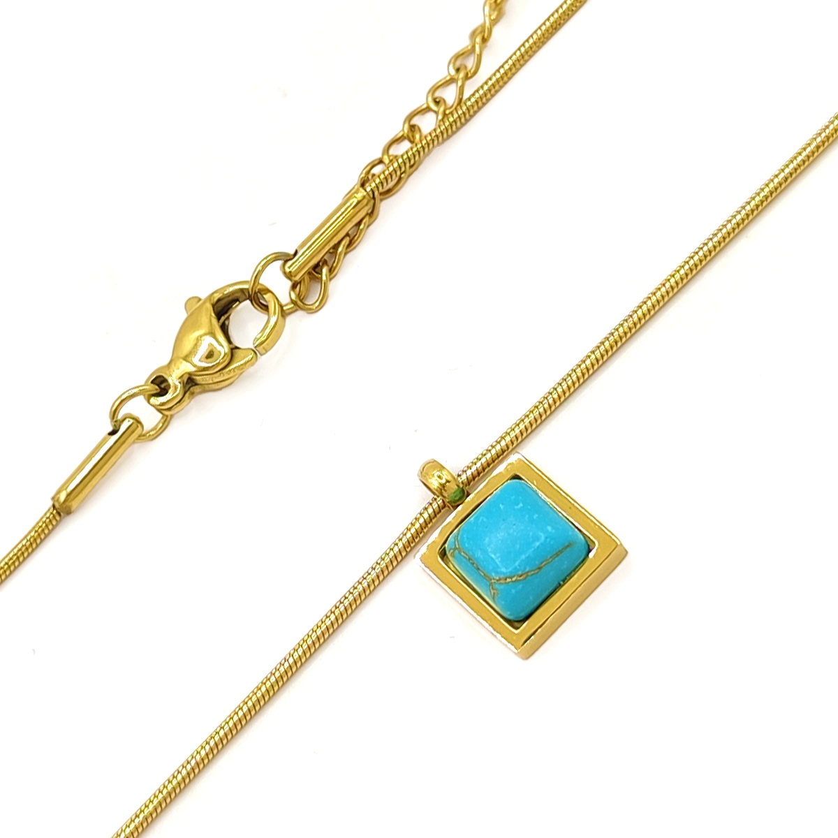Collar Acero Dorado Cuadrado Piedra Turquesa Natural