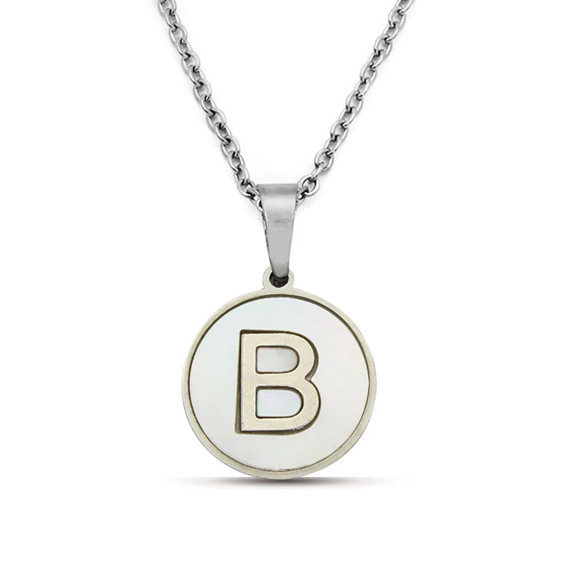 Collar Acero Plateado Circular Letra B Madre Perla