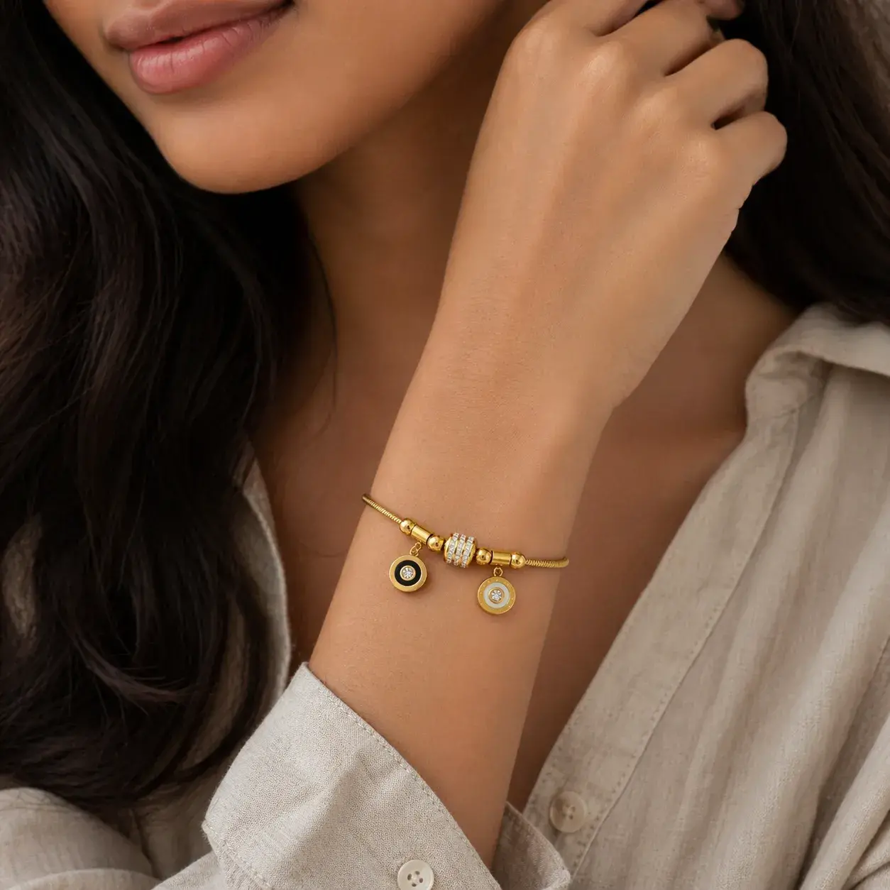 Pulsera Acero Dorado Cola de Rata Circulo Madre Perla