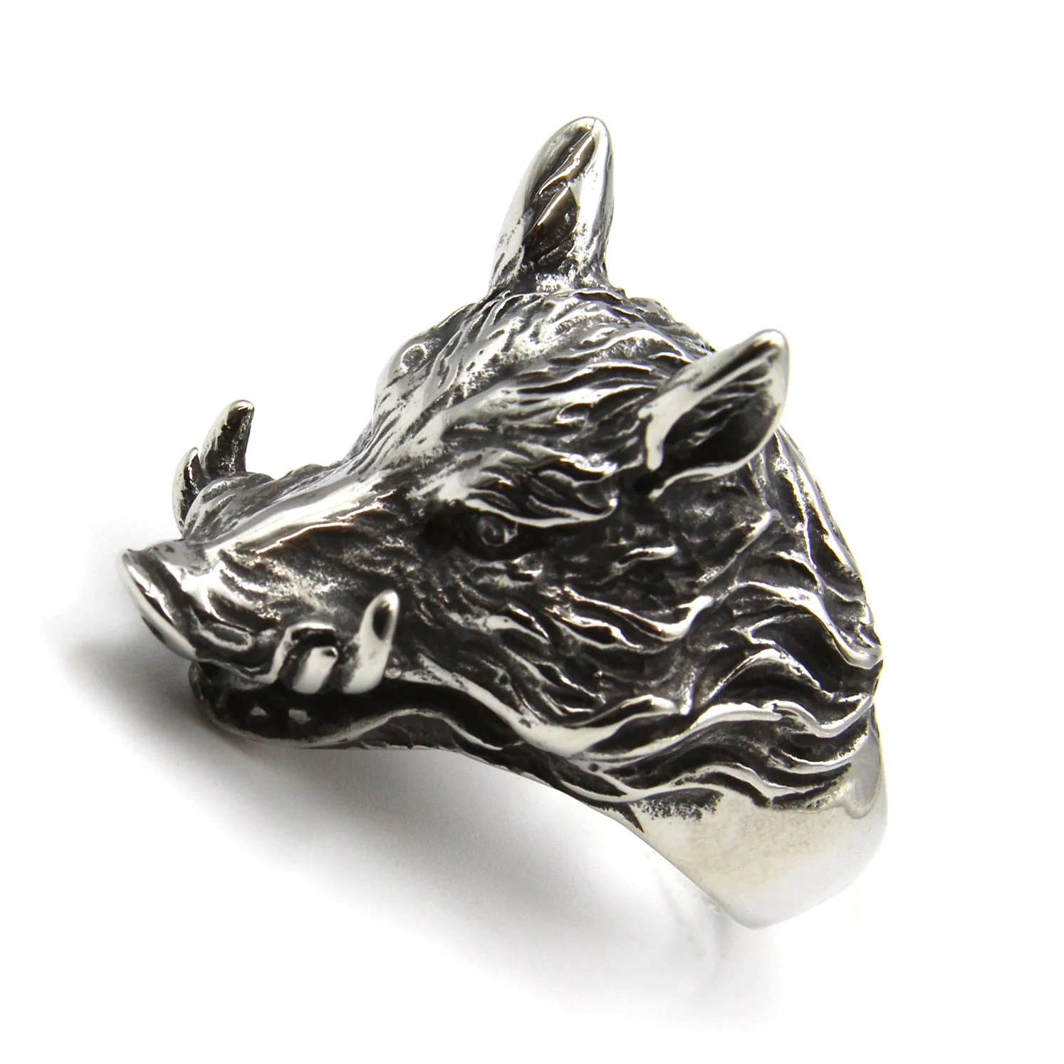 Anillo Acero Inoxidable Plateado Jabalí Animal Cerdo Salvaje