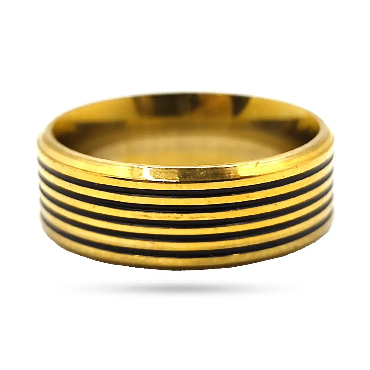 Anillo Acero Inox Dorado Líneas Esmalte Negro Moderno