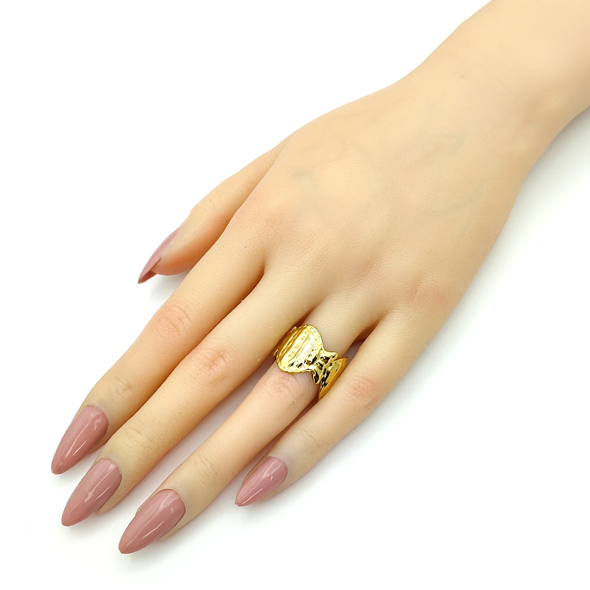 Anillo Acero Dorado Ancho Estriado Martillado Ajustable