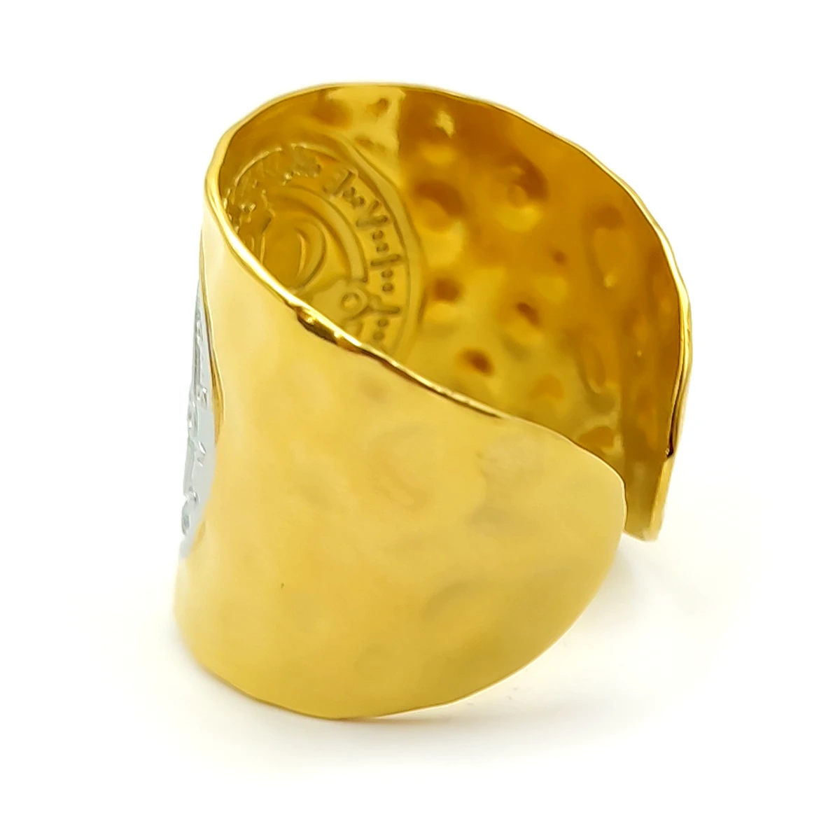 Anillo Acero Inox Bicolor San Benito Martillado Ajustable