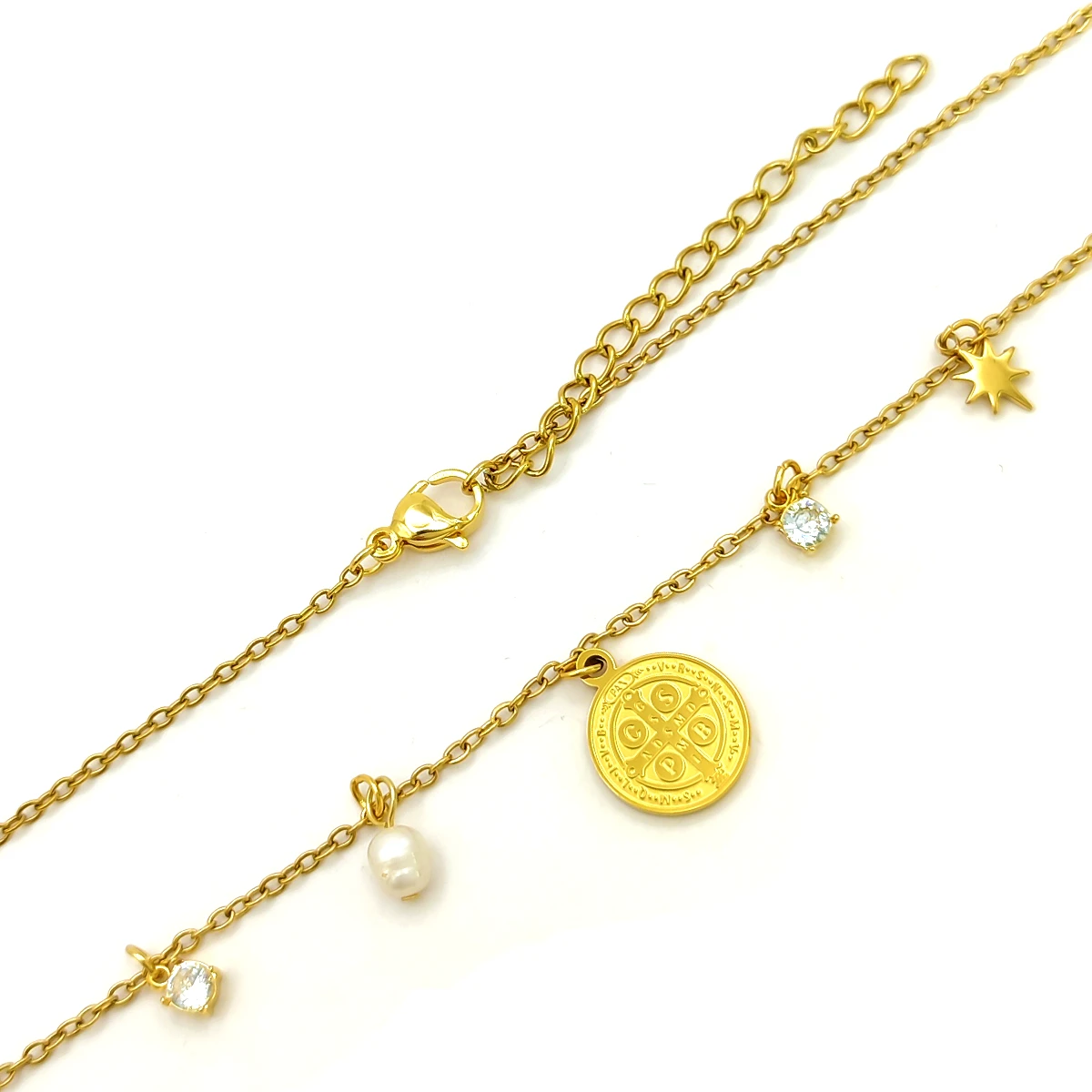 Collar Acero Inox Dorado Medalla San Benito Perla de Rio