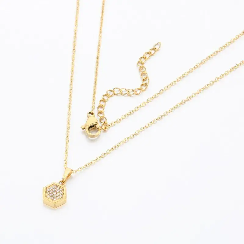Collar Acero Dorado Mini Hexagono Cristales Elegante