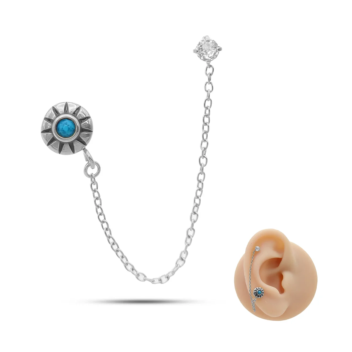 Piercing de Oreja Acero Doble Perforación Cadena Turquesa