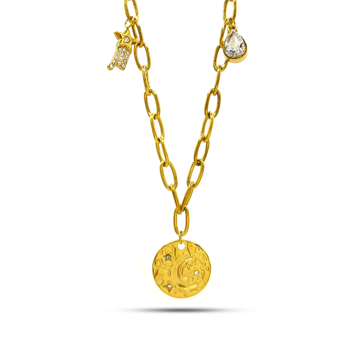 Collar Acero Dorado Medalla Luna Estrella Fugaz Cristales
