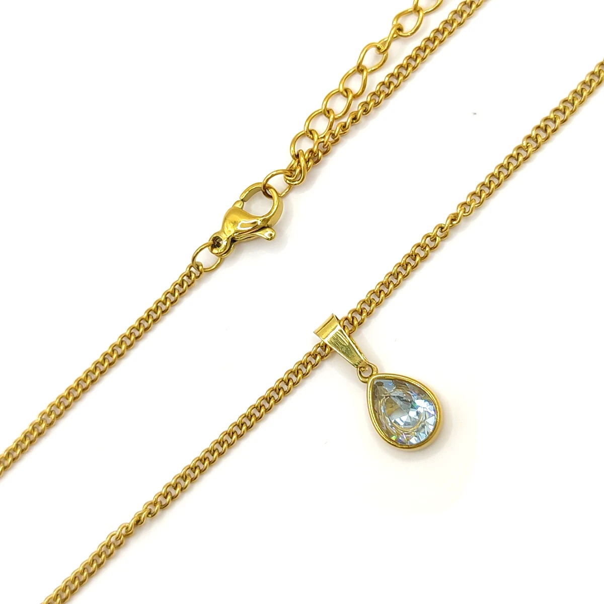 Collar Acero Dorado Gota Zirconia Lagrima Clara Elegante