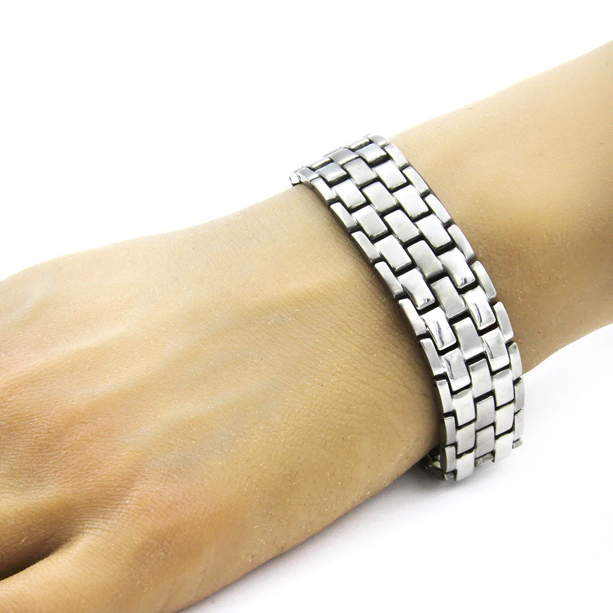 Pulsera Tipo Esclava Acero Plateado Eslabón Ladrillo 18mm