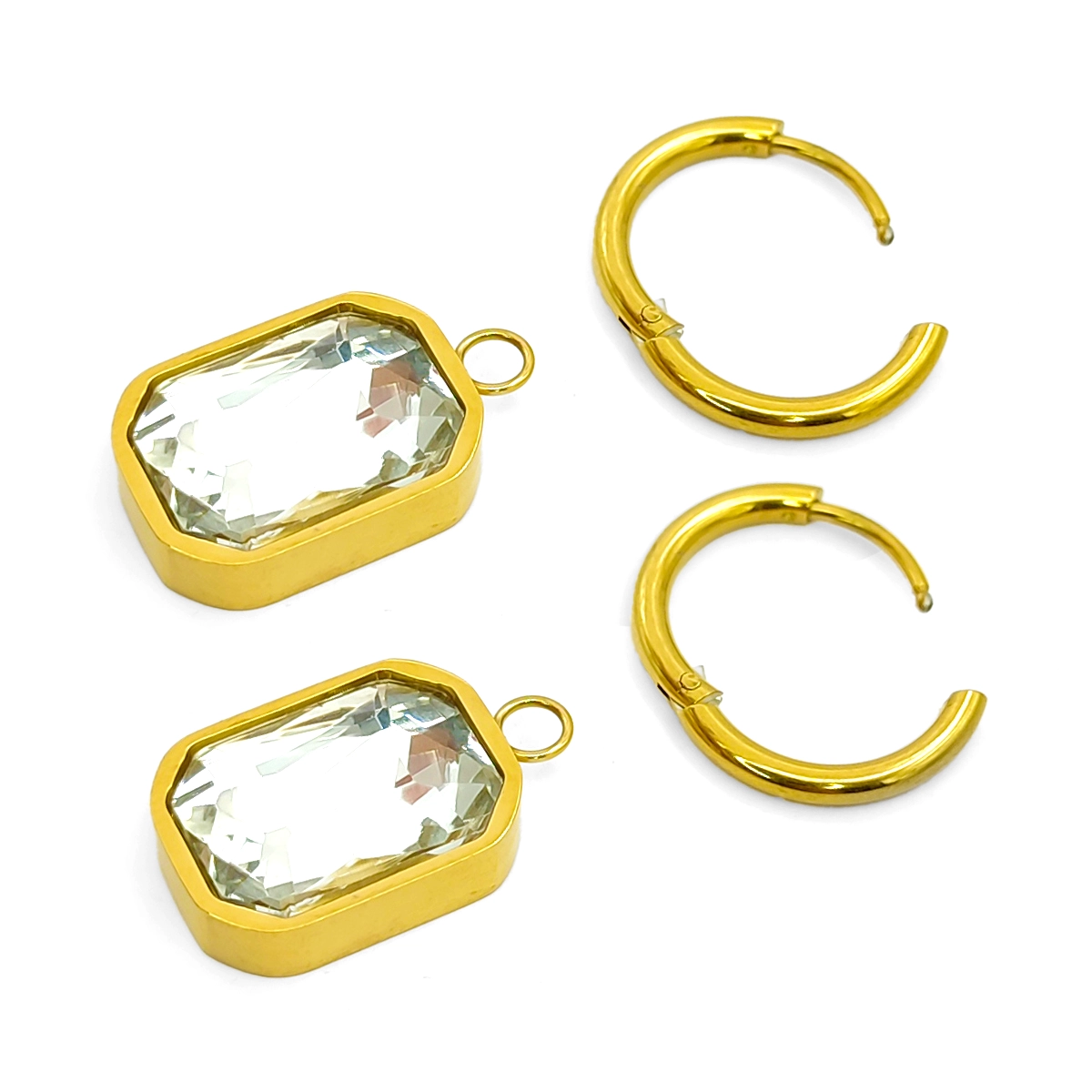 Aretes Acero Dorado Arracadas Huggies Cristal Rectangular