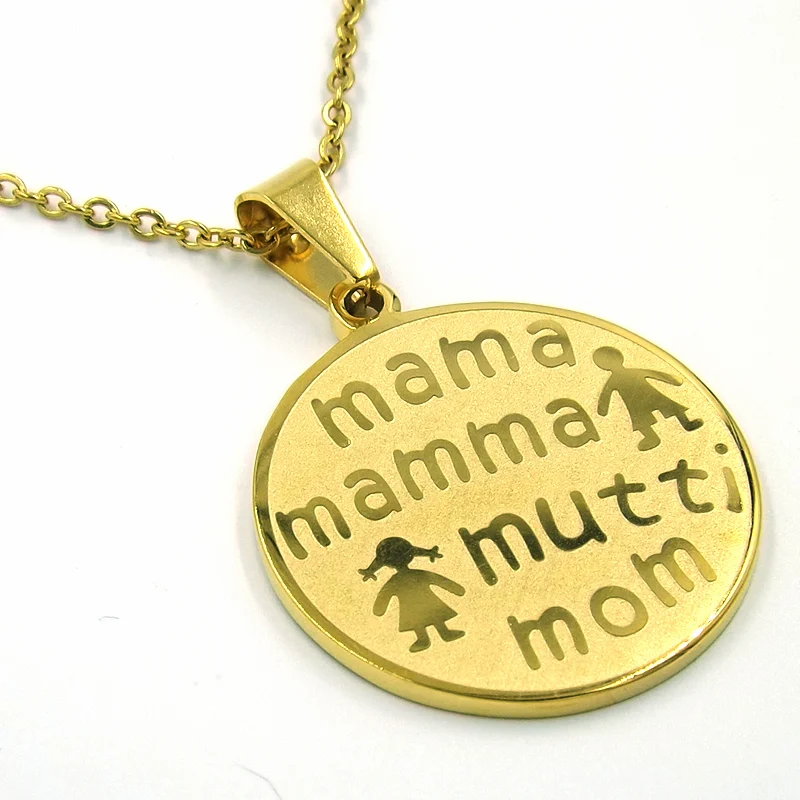 Collar Acero Dorado Medalla Mamá en Varios Idiomas