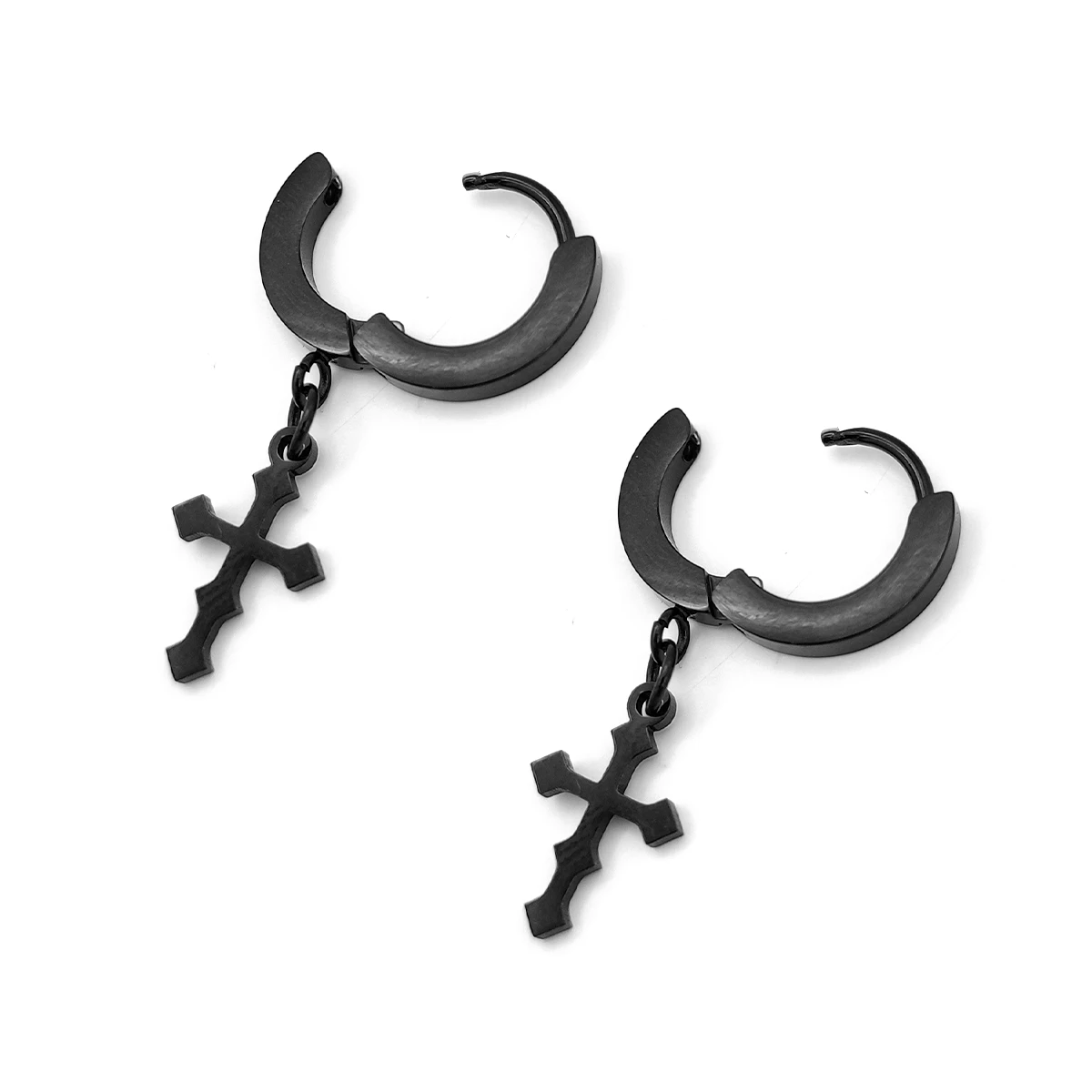 Aretes Acero Inox Negro Huggies Colgante Cruz Gótica
