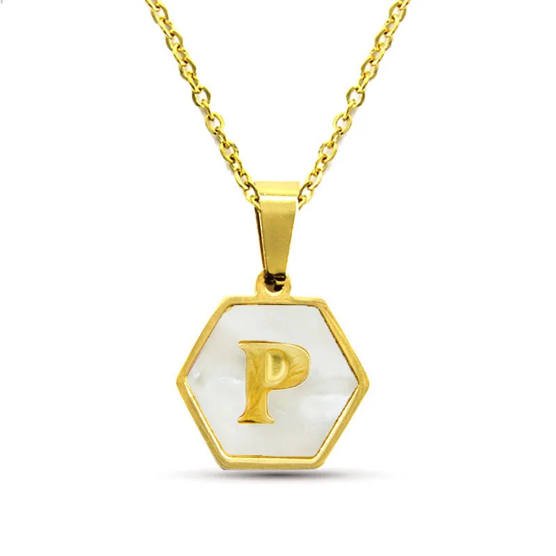 Collar Acero Inox Dorado Hexagonal Letra P Madre Perla