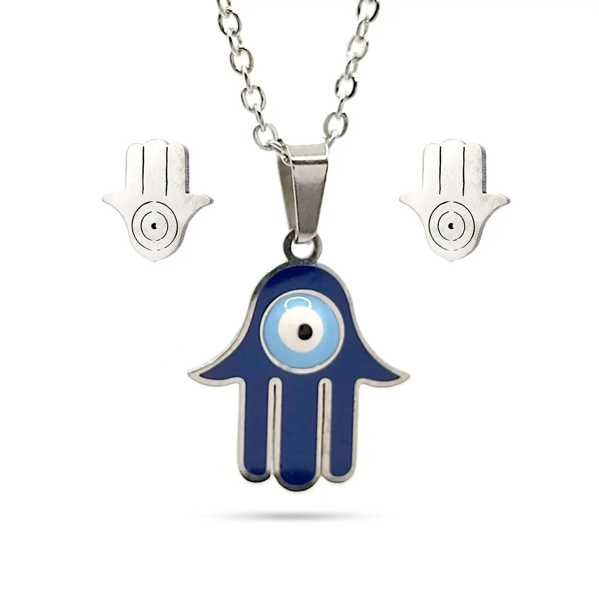 Set Joyeria Acero Inox Plateado Mano De Fatima Hamsa Azul
