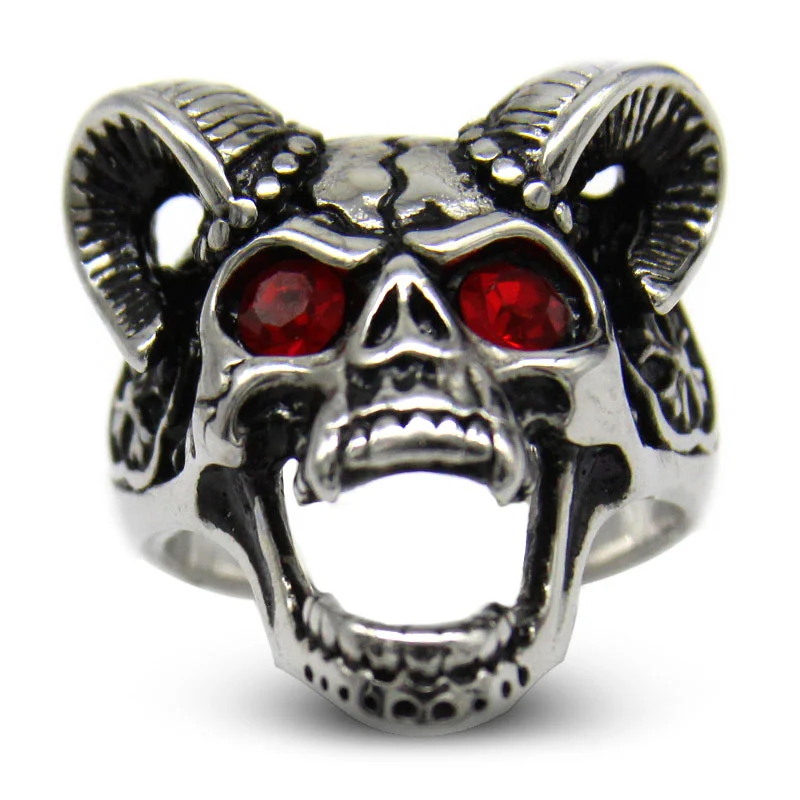 Anillo Acero Inox Calavera Plateada Cuernos Ojos Rojos