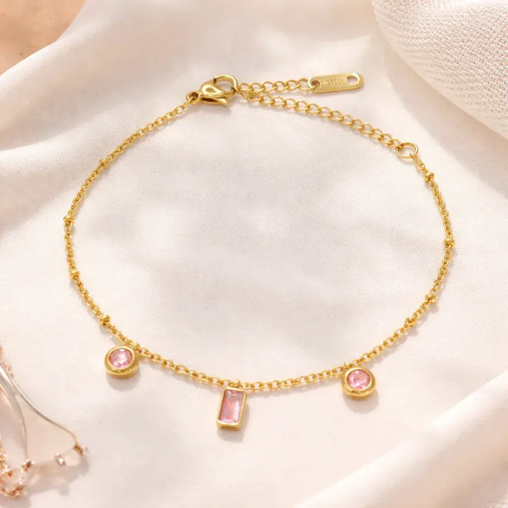 Pulsera Acero Dorado Delgada Cristales Rosas Mini Balines