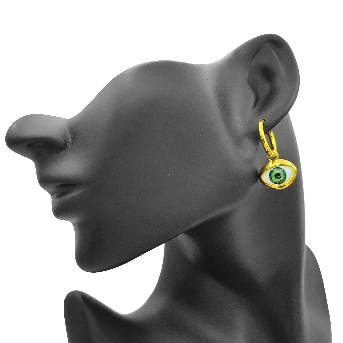 Aretes Acero Dorado Huggies Colgante Ojo Realista Verde