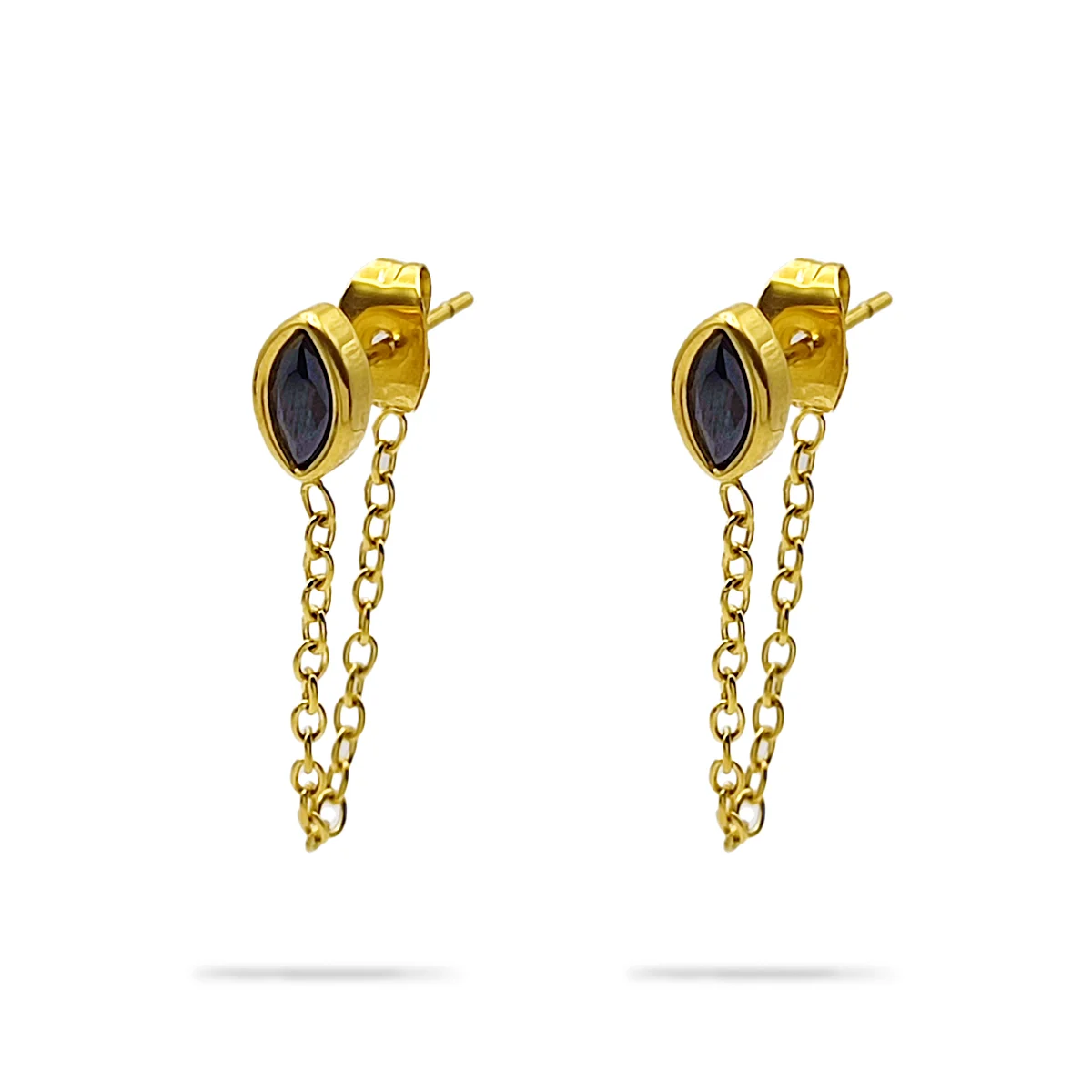 Aretes Acero Dorado Broquel Marquesa Negro con Cadena