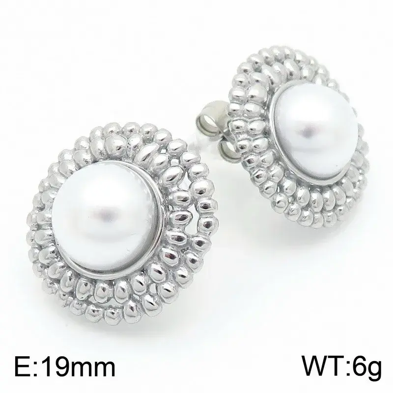 Aretes Acero Plateado Media Perla Contorno Ornamentado