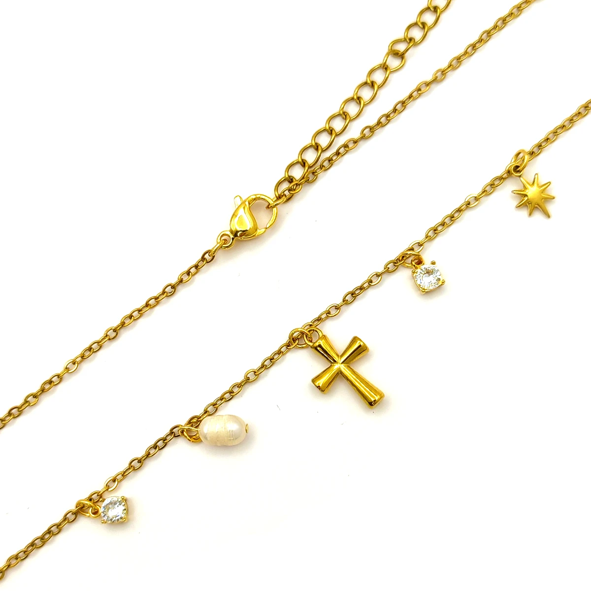 Collar Acero Inox Dorado Cruz Latina Perla de Río Estrella