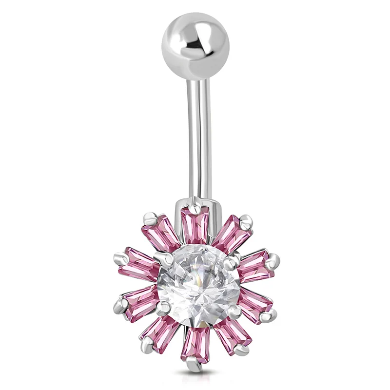 Piercing Para Ombligo Acero Zirconias Flor Rosa Claro