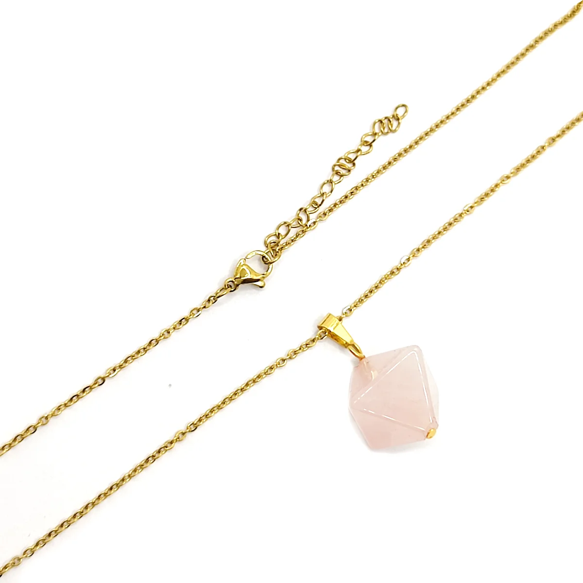 Collar Acero Inox Dorado Cuarzo Rosado Amor Forma Rombo